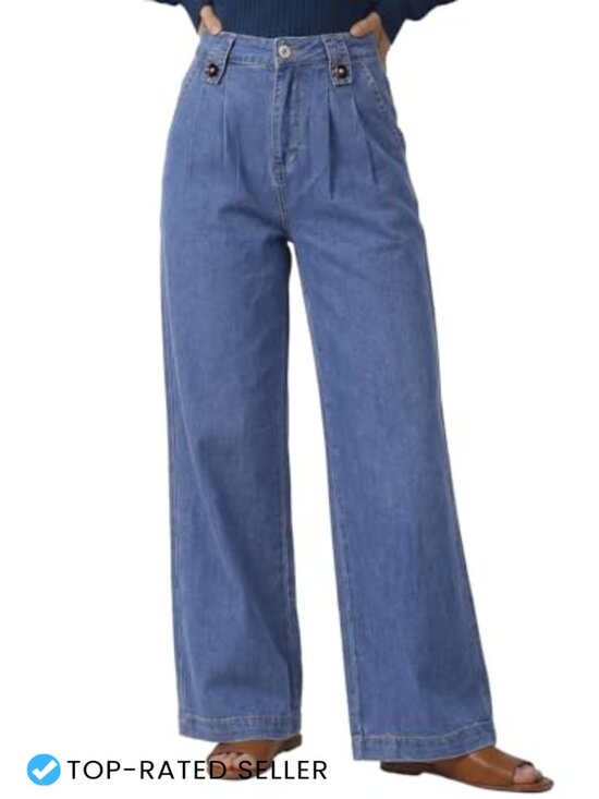 Denim - High Waisted Wide Leg Stretch Jeans Women Trendy Loose Denim Cargo Pants Pockets